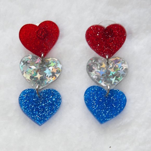 Silver Patriotic Heart Dangle Earrings 2-sided Glitter Acry - Picture 2 of 5